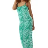 Women's Midi Dress in Green and White Zebra Pattern with Sleeveless Design and Fitted Silhouette