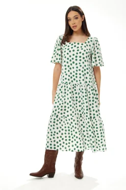 Women's Midi Dress in Green Polka Dot with Short Sleeves - Regular Fit by Liquorish