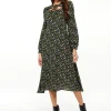Women's Midi Dress in Green Floral with Long Puffy Sleeves and Neck Tie Detail - Liquorish