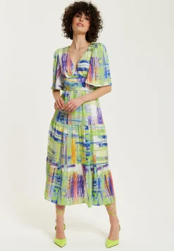 Women's Midi Dress in Green with Short Kimono Sleeves and V Neck - Abstract Print by Liquorish