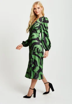 Women's Midi Dress in Green and Black Zebra Print with Long Sleeves - Liquorish