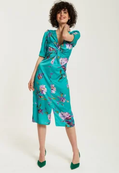 Women's Midi Dress in Green Floral with Short Sleeves and Knot Front - Slit Detail, V Neck - Perfect for Spring by Liquorish