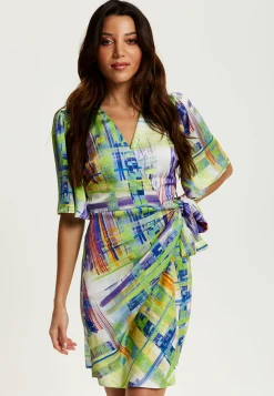 Women's Midi Dress in Green with Short Kimono Sleeves Featuring Abstract Print - Liquorish