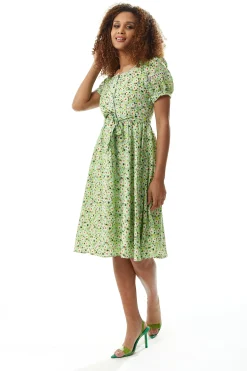 Women's Midi Dress in Green Floral with Short Sleeves and Lace Details - Tie Waist - Liquorish