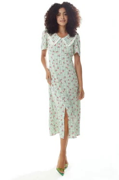 Women's Midi Dress in Green and White Gingham with Floral Print, Short Sleeves and Lace Collar - Liquorish