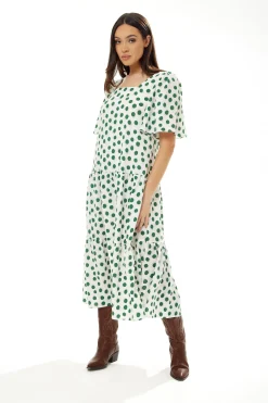 Women's Midi Dress in Green Polka Dot with Short Sleeves - Regular Fit by Liquorish