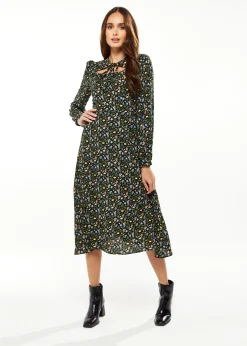 Women's Midi Dress in Green Floral with Long Puffy Sleeves and Neck Tie Detail - Liquorish