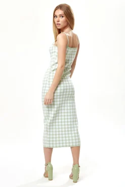 Women's Midi Dress in Green and White Check with Sleeveless Design and Fitted Style