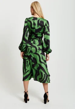 Women's Midi Dress in Green and Black Zebra Print with Long Sleeves - Liquorish