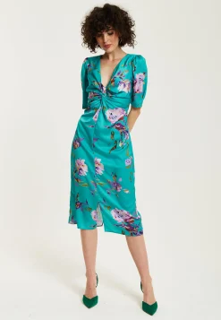 Women's Midi Dress in Green Floral with Short Sleeves and Knot Front - Slit Detail, V Neck - Perfect for Spring by Liquorish