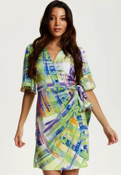 Women's Midi Dress in Green with Short Kimono Sleeves Featuring Abstract Print - Liquorish