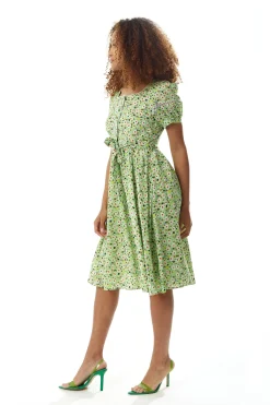 Women's Midi Dress in Green Floral with Short Sleeves and Lace Details - Tie Waist - Liquorish