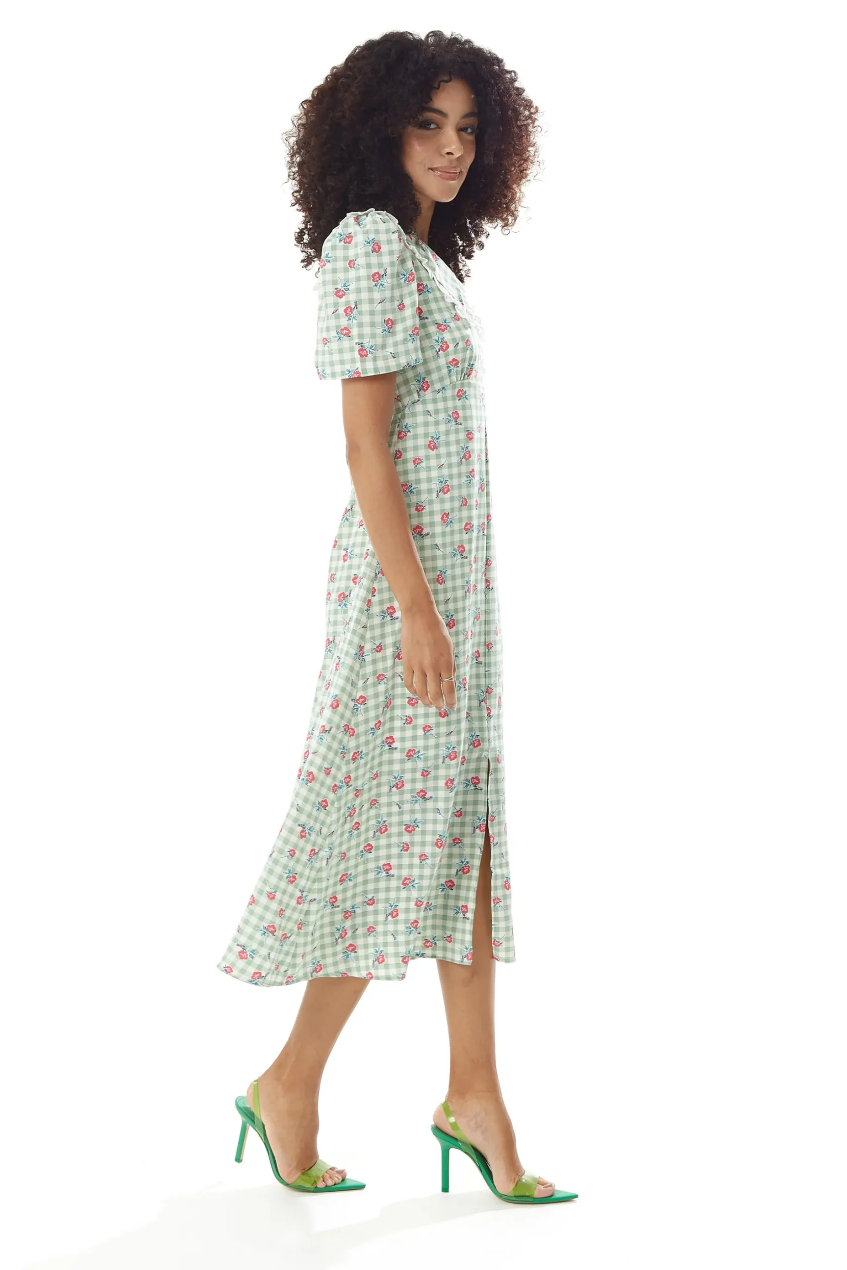 Women's Midi Dress in Green and White Gingham with Floral Print, Short Sleeves and Lace Collar - Liquorish