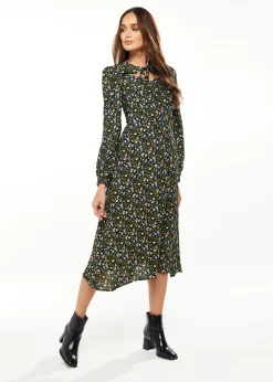 Women's Midi Dress in Green Floral with Long Puffy Sleeves and Neck Tie Detail - Liquorish