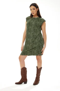Women’s Midi Dress in Green Leopard with Padded Shoulders and Sleeveless Design