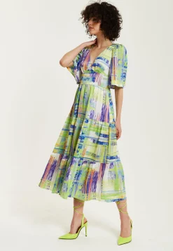 Women's Midi Dress in Green with Short Kimono Sleeves and V Neck - Abstract Print by Liquorish