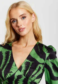 Women's Midi Dress in Green and Black Zebra Print with Long Sleeves - Liquorish