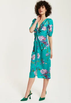 Women's Midi Dress in Green Floral with Short Sleeves and Knot Front - Slit Detail, V Neck - Perfect for Spring by Liquorish