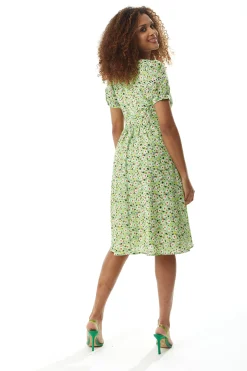 Women's Midi Dress in Green Floral with Short Sleeves and Lace Details - Tie Waist - Liquorish