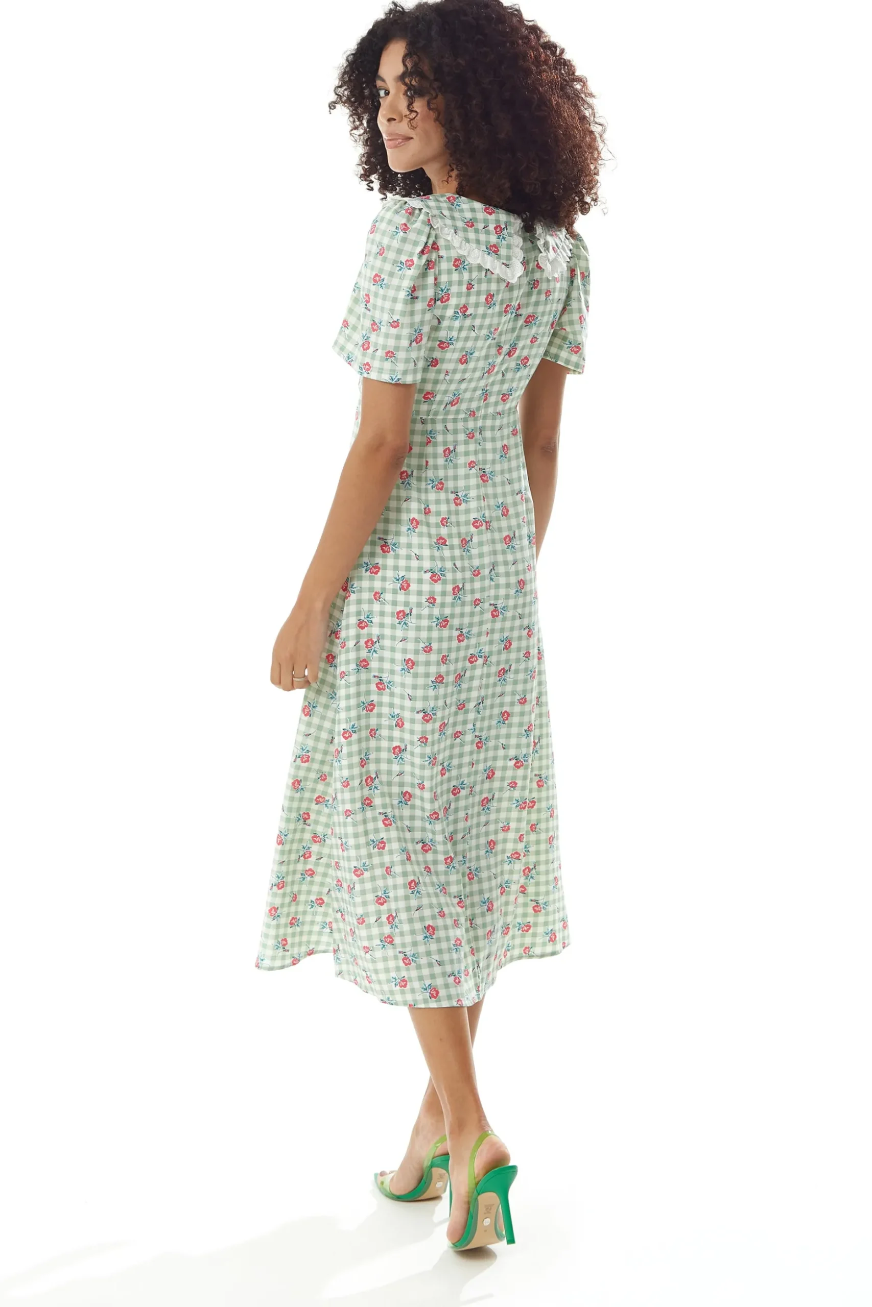 Women's Midi Dress in Green and White Gingham with Floral Print, Short Sleeves and Lace Collar - Liquorish