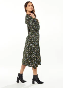 Women's Midi Dress in Green Floral with Long Puffy Sleeves and Neck Tie Detail - Liquorish