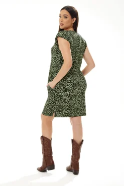 Women’s Midi Dress in Green Leopard with Padded Shoulders and Sleeveless Design
