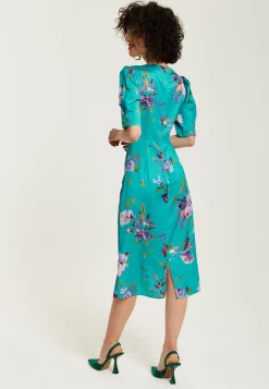Women's Midi Dress in Green Floral with Short Sleeves and Knot Front - Slit Detail, V Neck - Perfect for Spring by Liquorish