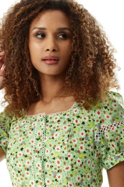 Women's Midi Dress in Green Floral with Short Sleeves and Lace Details - Tie Waist - Liquorish