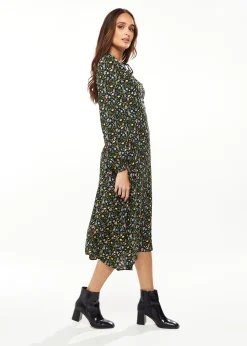 Women's Midi Dress in Green Floral with Long Puffy Sleeves and Neck Tie Detail - Liquorish
