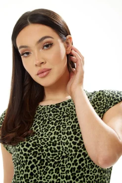 Women’s Midi Dress in Green Leopard with Padded Shoulders and Sleeveless Design