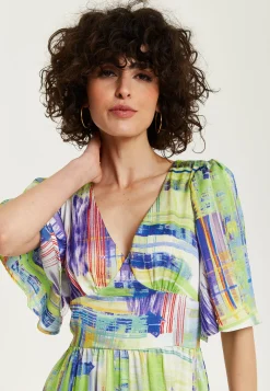 Women's Midi Dress in Green with Short Kimono Sleeves and V Neck - Abstract Print by Liquorish