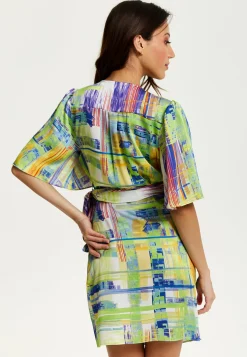 Women's Midi Dress in Green with Short Kimono Sleeves Featuring Abstract Print - Liquorish