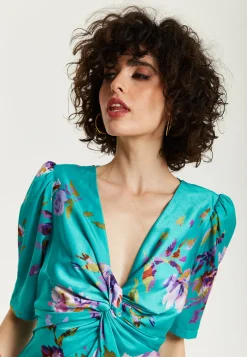 Women's Midi Dress in Green Floral with Short Sleeves and Knot Front - Slit Detail, V Neck - Perfect for Spring by Liquorish