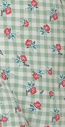 Women's Midi Dress in Green and White Gingham with Floral Print, Short Sleeves and Lace Collar - Liquorish