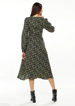 Women's Midi Dress in Green Floral with Long Puffy Sleeves and Neck Tie Detail - Liquorish