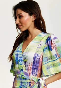 Women's Midi Dress in Green with Short Kimono Sleeves Featuring Abstract Print - Liquorish