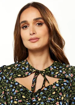 Women's Midi Dress in Green Floral with Long Puffy Sleeves and Neck Tie Detail - Liquorish