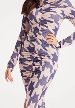 Women's Midi Dress in Houndstooth Print with High Neck, Long Sleeves & Ruching Detail - Liquorish