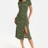 Women's Midi Dress in Khaki Animal Print with Short Sleeves and Front Slit - Liquorish