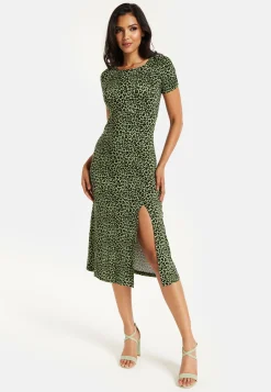 Women's Midi Dress in Khaki Animal Print with Short Sleeves and Front Slit - Liquorish