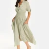 Women's Midi Dress in Khaki with Elasticated Waist, Button Detail, and Front Split