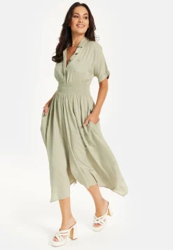 Women's Midi Dress in Khaki with Elasticated Waist, Button Detail, and Front Split