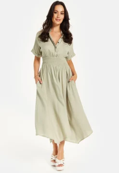 Women's Midi Dress in Khaki with Elasticated Waist, Button Detail, and Front Split
