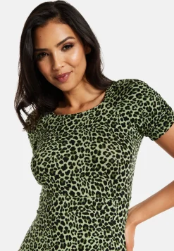 Women's Midi Dress in Khaki Animal Print with Short Sleeves and Front Slit - Liquorish