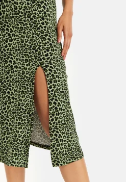 Women's Midi Dress in Khaki Animal Print with Short Sleeves and Front Slit - Liquorish