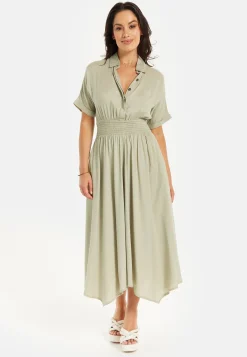 Women's Midi Dress in Khaki with Elasticated Waist, Button Detail, and Front Split