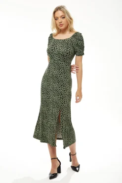 Women's Midi Dress in Khaki Animal Print with Short Sleeves and Front Slit - Liquorish