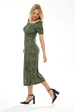Women's Midi Dress in Khaki Animal Print with Short Sleeves and Front Slit - Liquorish