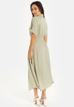 Women's Midi Dress in Khaki with Elasticated Waist, Button Detail, and Front Split