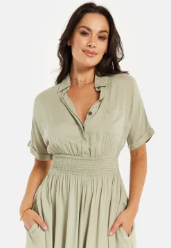 Women's Midi Dress in Khaki with Elasticated Waist, Button Detail, and Front Split